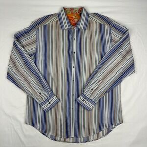 Robert Graham Mens Large Blue Orange Striped Long Sleeve Button Down Silk Trim